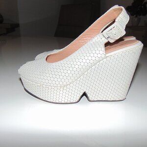 Robert Clergerie White Textured Platform Wedge Slingback Heels